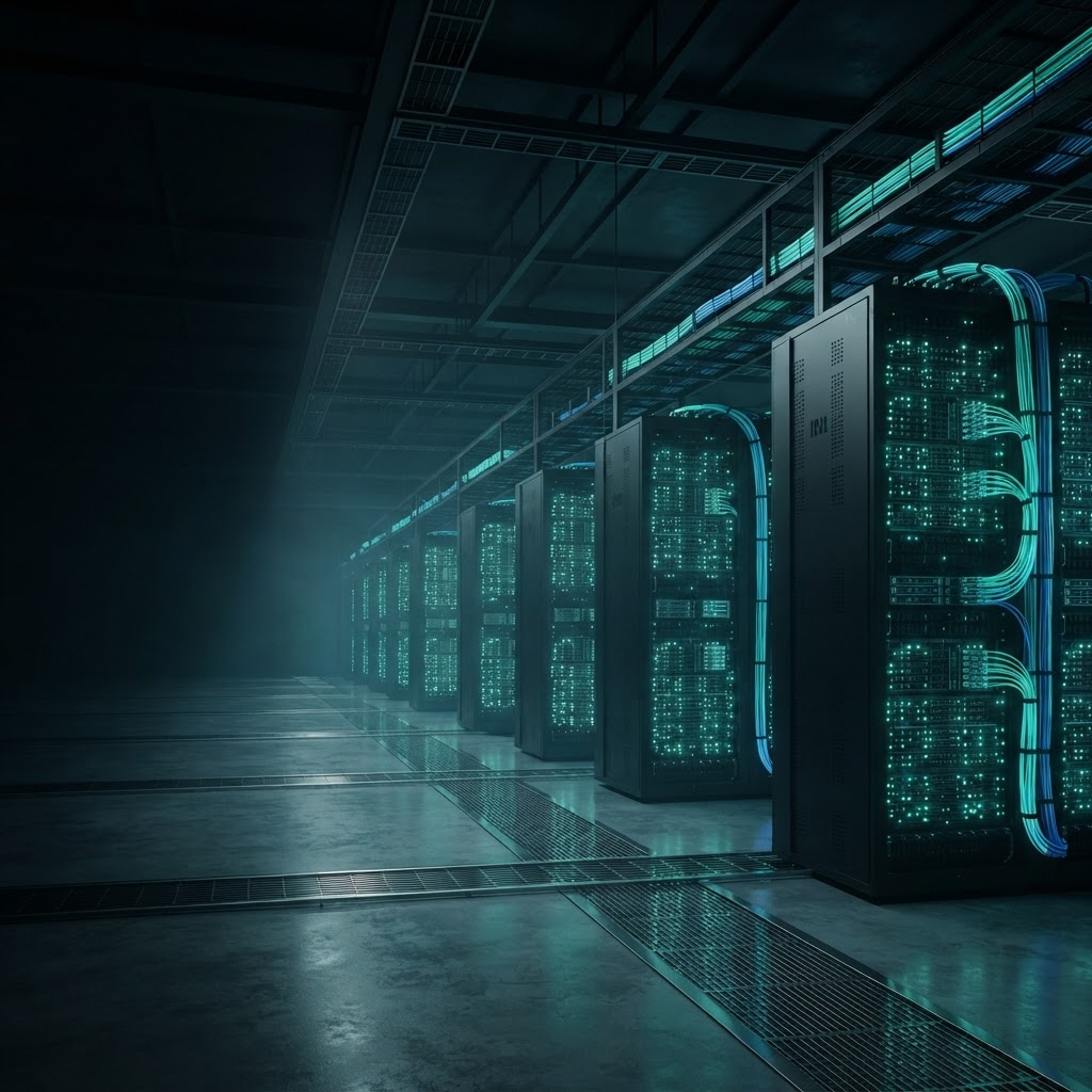 Futuristic data centre with glowing fibre connections